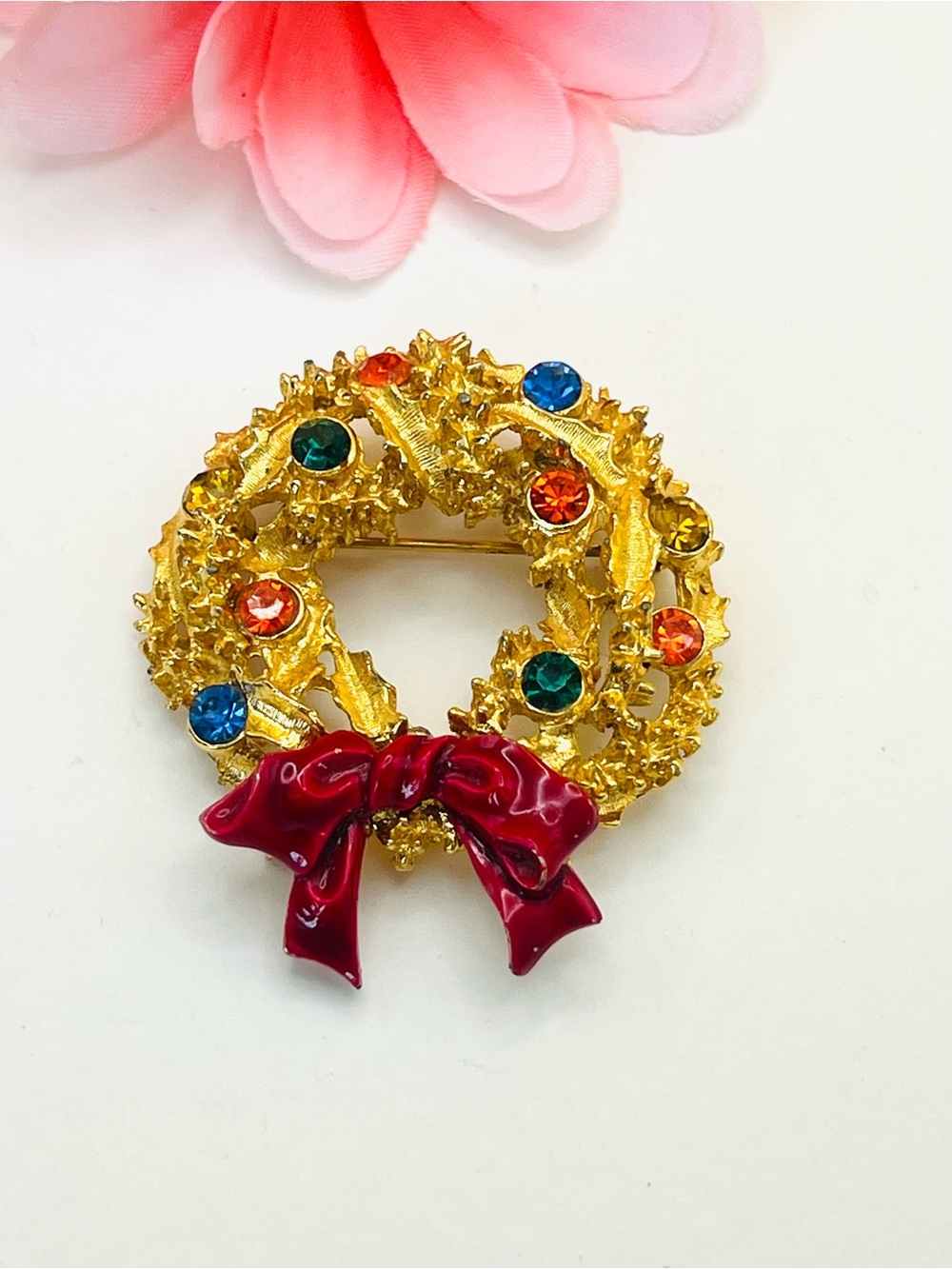 Gold-Tone Holiday Wreath Brooch with Red Enamel Bow